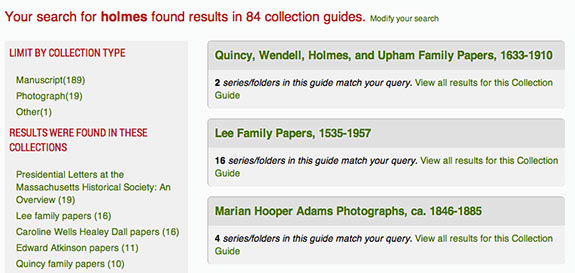 example results from a search on "holmes".