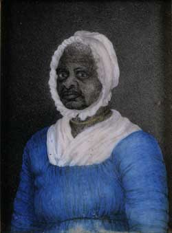 <p>Painted portrait of a middle aged Black woman, wearing a blue dress with a white wrap at the neck, a white bonnet, and a gold beaded necklace around her collar.</p>