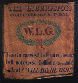 The Liberator commenced January 1st 1831, Garrison antislavery banner Cotton, paint, silk fringe