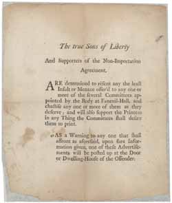 The True Sons of Liberty and Supporters of the Non-Importation Agreement Broadside