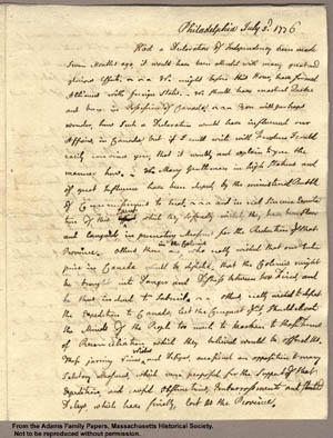 Letter from John Adams to Abigail Adams, 3 July 1776 