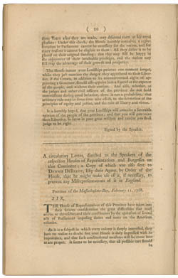 A Circulatory Letter, directed to the Speakers of the respective Houses of Representatives and Burgesses on this Continent ... February 11, 1768 