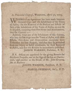 In Provincial Congress, Watertown, April 30, 1775. Whereas an Agreement has been made ... Broadside