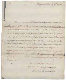 Letter from Peyton Randolph to Thomas Cushing, 19 March 1773 