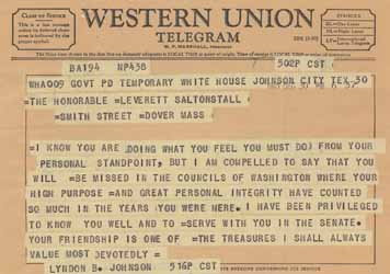 Telegram from Lyndon Johnson to Leverett Saltonstall, 30 December 1965 