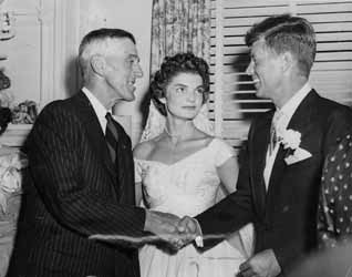 Leverett Saltonstall, Jacqueline Kennedy, and John F. Kennedy at the Kennedy`s wedding, 12 September 1953 Black and white photograph