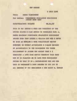 Communication from Harry S. Truman to Evaluation Commission Atomic Bomb Test (copy), 7 July 1946 