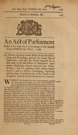 An Act of Parliament Passed in the Sixth Year of the Reign of His Majesty King George the Third. 1766. Pamphlet