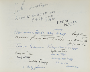 Governor Leverett Saltonstall`s guest book, page with von Trapp family`s signatures 