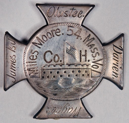 Veteran`s badge, Miles Moore, 54th Massachusetts Volunteer Infantry Regiment Co. H. Silver cross, embossed and engraved