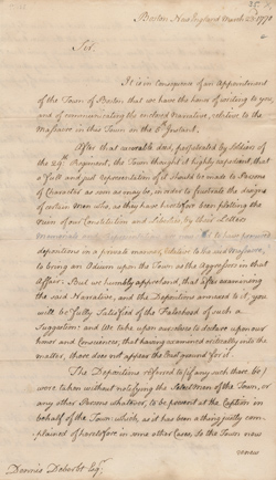 Letter from James Bowdoin, Samuel Pemberton and Joseph Warren to Dennys De Berdt, 23 March 1770 