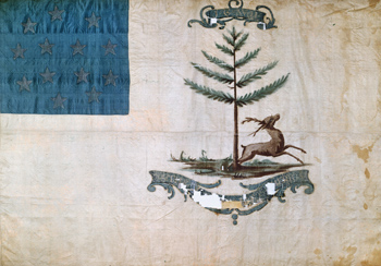 <p>A flag painted on yellowing white silk, somewhat worn. In the upper lefthand corner is a square of blue silk with 13 stars arranged in a circle. In the center is a bounding stag beneath a pine tree. A large cartouche underneath, slightly peeling, reads “The Bucks of America,” smaller cartouche at the top of the image has the initials “J-G-W-H.” painted in gold.</p>