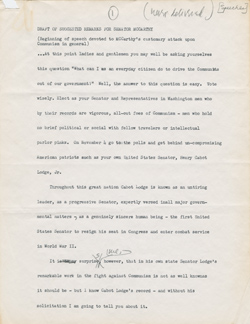 Draft speech for Joseph McCarthy (never delivered), [1952] 