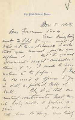 Letter from John Boyle O`Reilly to John D. Long, 2 November 1886 