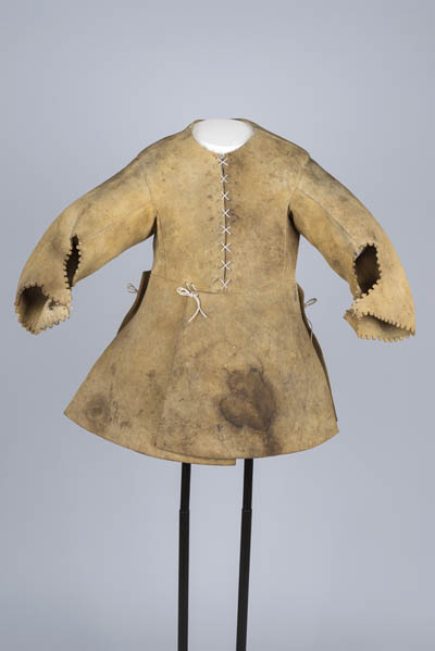 Buff coat belonging to John Leverett Ox hide, linen thread