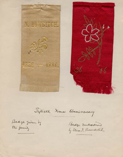 Ribbon badges (two) relating to the fiftieth Bowditch family Christmas celebrations, 1886 