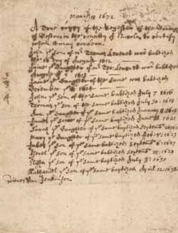 Register of baptisms of the children of Thomas Leverett (including John Leverett), 18 March 1672 