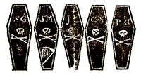 Coffins, with skulls and crossbones and initials of those slain in Massacre