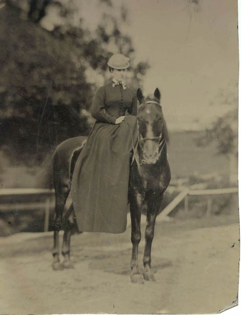 Tintype Adams, Marian Hooper (1843-1885) on horseback at Beverly Farms, Oct. 1869