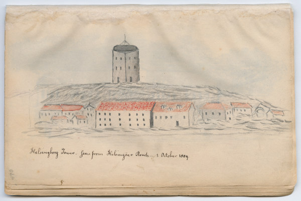 John Quincy Adams’ drawing of Helsingborg Tower, 1 October 1809, page 490 of Diary 49